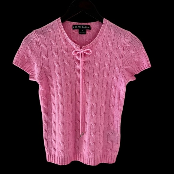 Ralph Lauren Black Label Pink Short Sleeve Lace Up Cashmere Sweater Size Medium - Picture 2 of 9